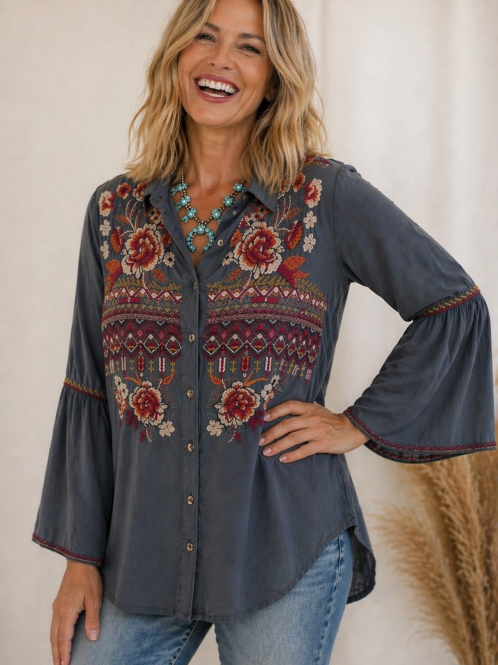 Johnny Was Jyll heavily embroidered silk blouse NWT